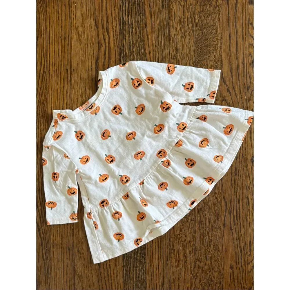 GAP Old Navy Infant Baby 3-6 Months Long-Sleeve Pumpkin Printed Drop-Waist Dress